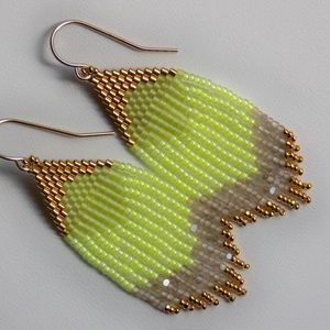Sage’s Aura | Neon Lemon Lime + Taupe | Handmade Beaded Earrings NWOT